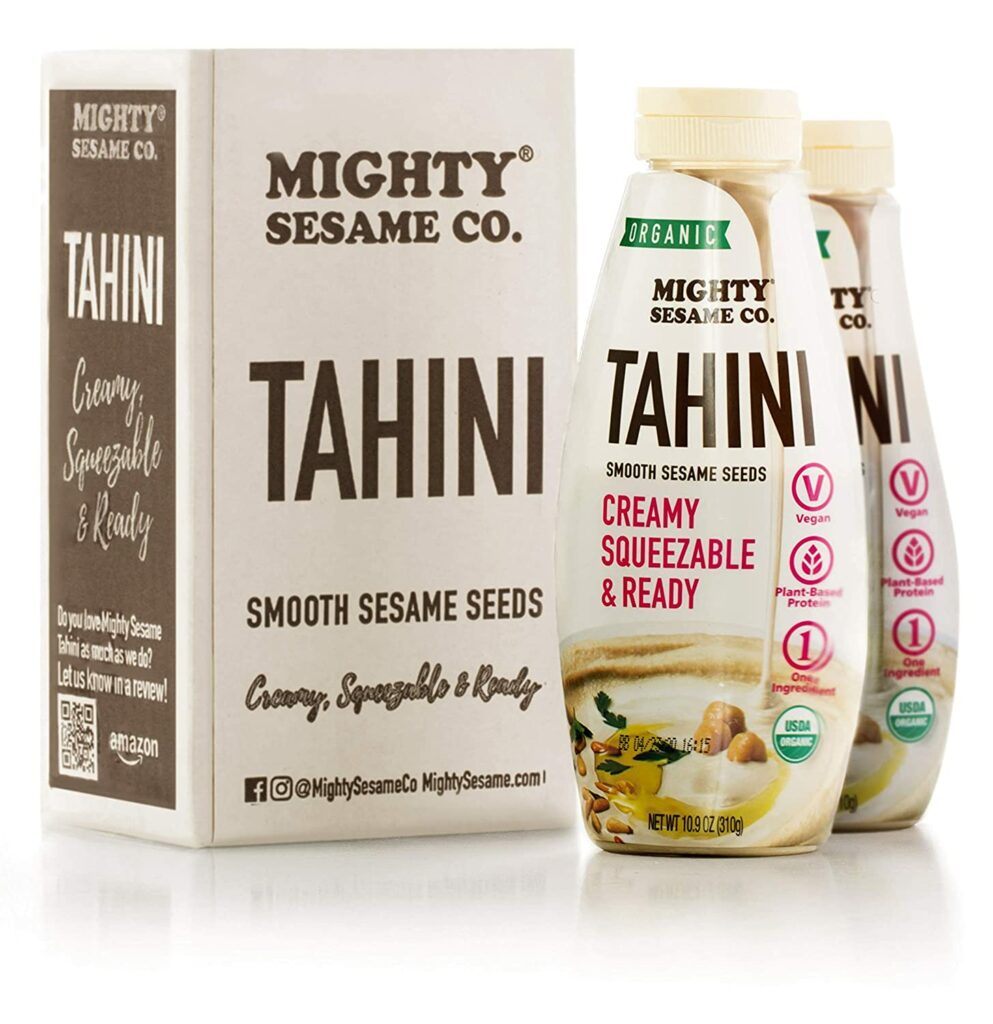 Mighty Sesame Co. Organic Tahini squeeze bottles with smooth sesame seeds, plant-based protein, and a creamy texture.