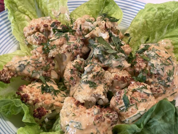 Mediterranean Cauliflower with Harissa Tahini dipping sauce