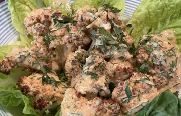 Mediterranean Cauliflower with Harissa Tahini Dipping Sauce