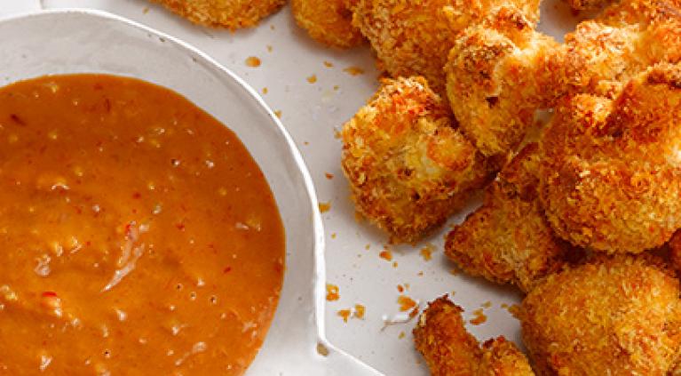 Crunchy Cauliflower Dippers with Sweet n Sour Tahini Sauce