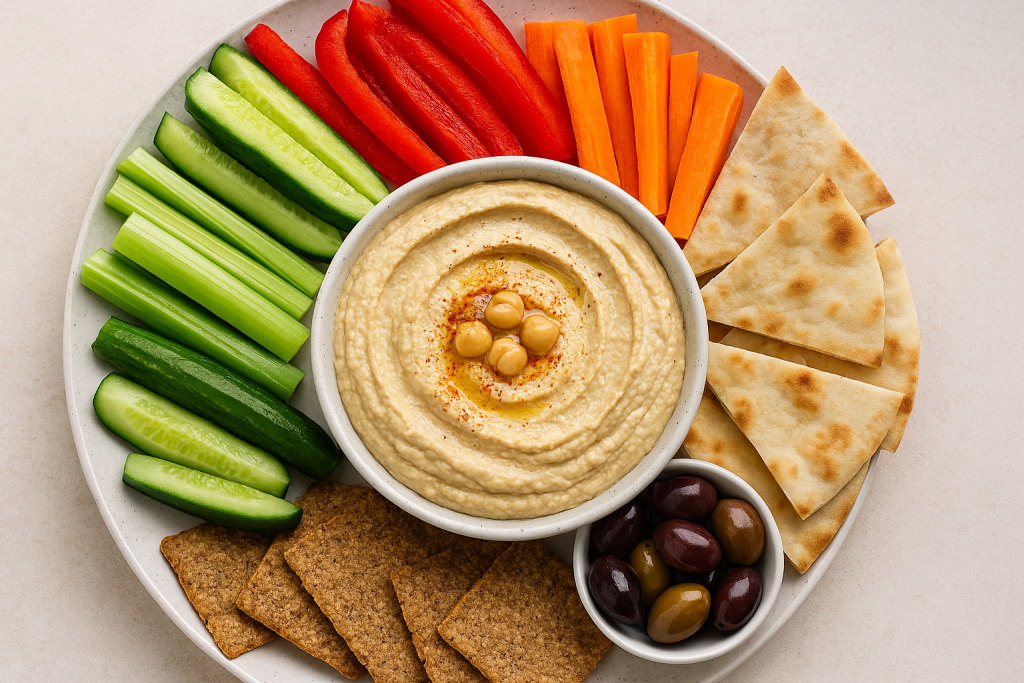 Hummus platter with crisp veggies, crackers, pita bread, and olives.