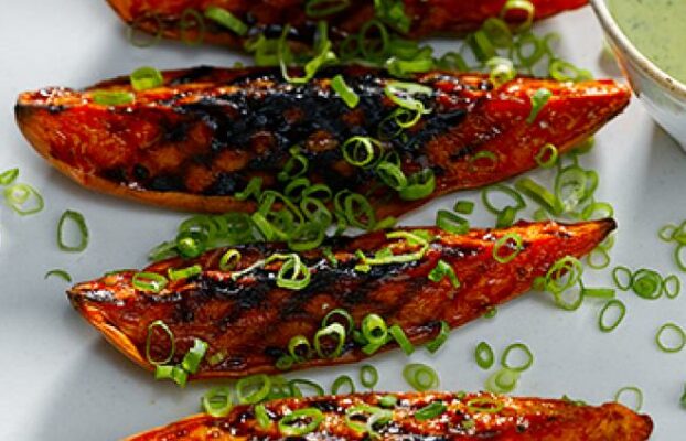 Grilled Sweet Potatoes with Tahini Basil Vinaigrette