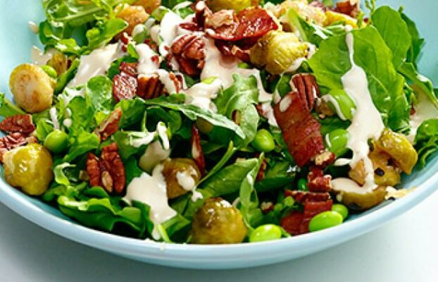 Roasted Brussels Sprouts and Bacon Salad with Tahini Dressing