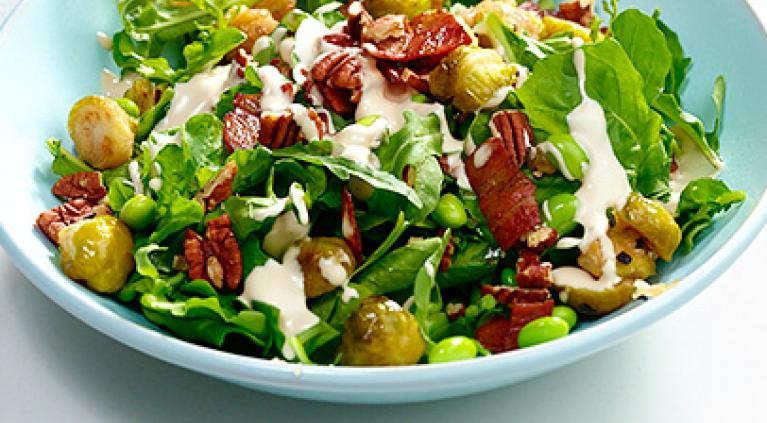 Roasted Brussels Sprouts and Bacon Salad with Tahini Dressing