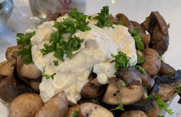 Marinated Mushrooms with Tahini Yogurt Sauce
