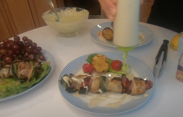 Grilled Skewers with Cucumber & Avocado Tahini Garnish