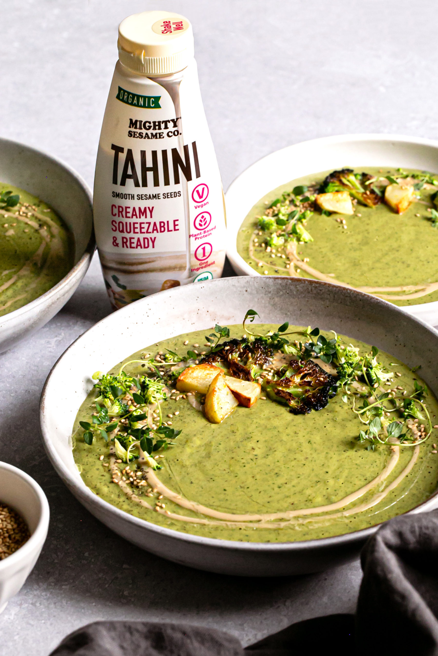 Roasted Broccoli Potato Tahini Soup