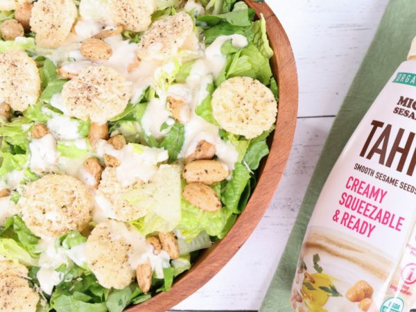 cesar salad made with mighty sesame tahini dressing