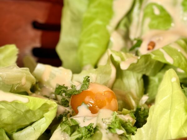 Fresh green salad with avocado, cherry tomatoes, and cucumber, drizzled with a tangy miho tahini dressing.