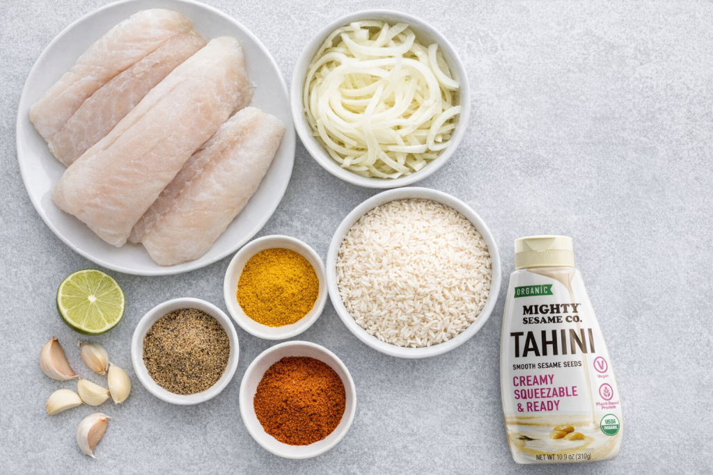 Fish fillets, rice, onion, spices, garlic, lime, and Mighty Sesame Co. tahini arranged on a table.