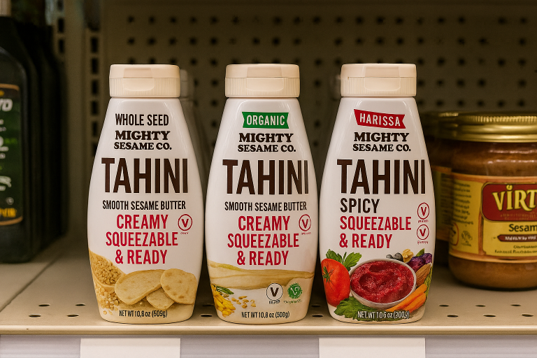 Three Mighty Sesame Co. tahini bottles—whole seed, organic, and harissa—on a store shelf.