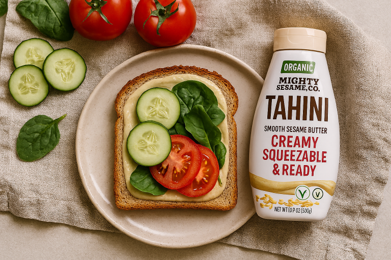 Mighty Sesame Organic Tahini beside toast topped with cucumber, tomato, and spinach.