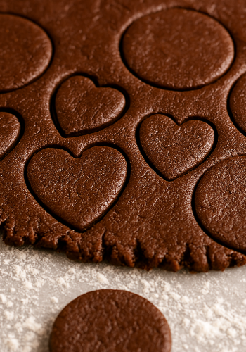 Rolled chocolate dough with heart and circle cutouts on a floured surface.